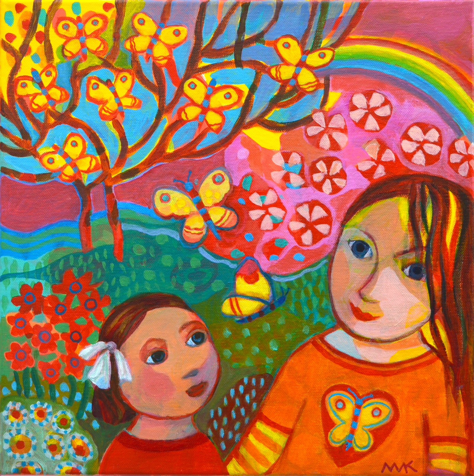 Marja van Kampen Butterflies and Rainbow acrylic on canvas 40x40cm