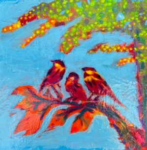 Gina Fegan Birdsong a tryptic of three small paintings each one 20c20cm, Acrylic on Wood panel