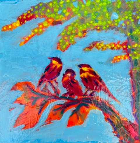 Gina Fegan Birdsong a tryptic of three small paintings each one 20c20cm, Acrylic on Wood panel