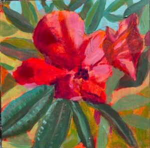 Gina Fegan Rhododendron a tryptic of three small paintings each one 20c20cm, Acrylic on Wood panel