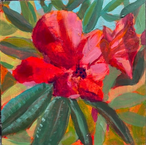 Gina Fegan Rhododendron a tryptic of three small paintings each one 20c20cm, Acrylic on Wood panel