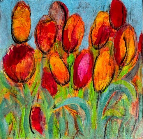 Gina FeganTulips a tryptic of three small paintings each one 20c20cm, Acrylic on Wood panel