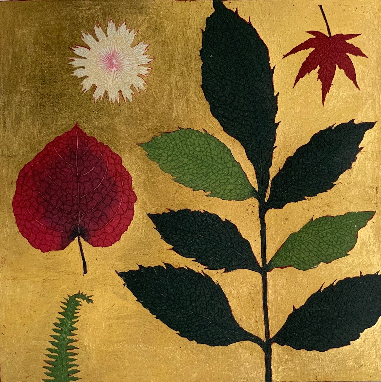 Jean Bardon Pressed flower and Autumn leaves Etching with Gold Leaf